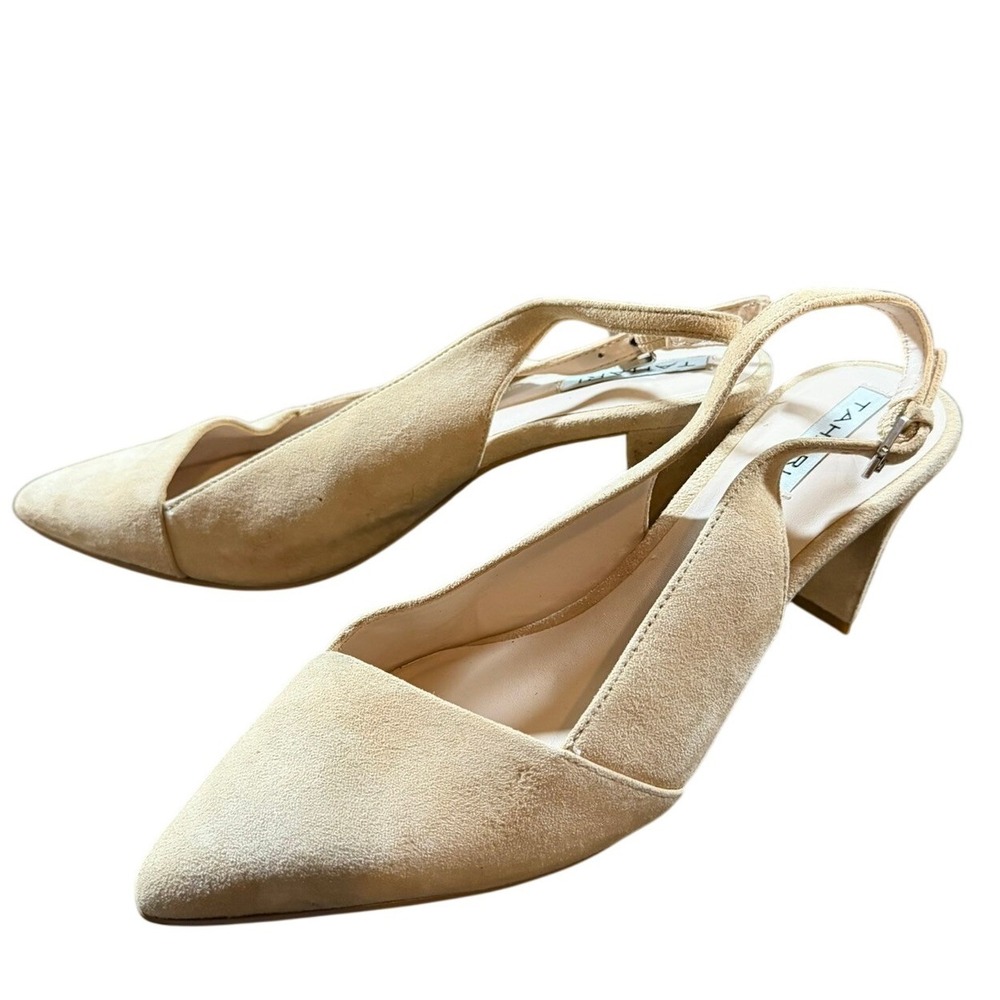 Tahari Taron Tan Suede Leather Slingback Block Heel Pointed Toe Pumps Size 6.5M